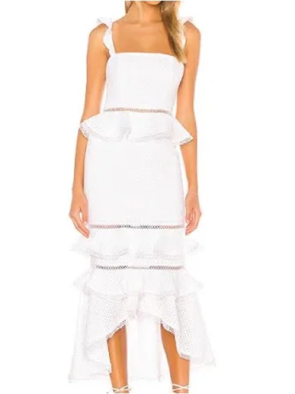 NBD White High-Low Ruffle Peplum Dress